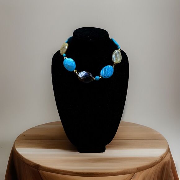 Chunky Acrylic Gemstone Statement Necklace Turquoise Howlite Agate Jasper Boho - Picture 1 of 5